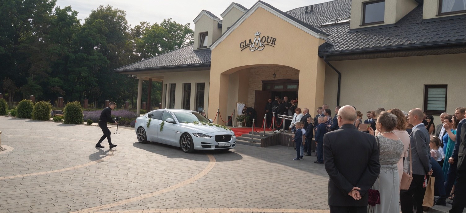 Sala Weselno-Bankietowa Glamour Chroboty - przyjazd pary młodej limuzyną Jaguar przed wejściem do sali, czekający goście weselni i dekoracje